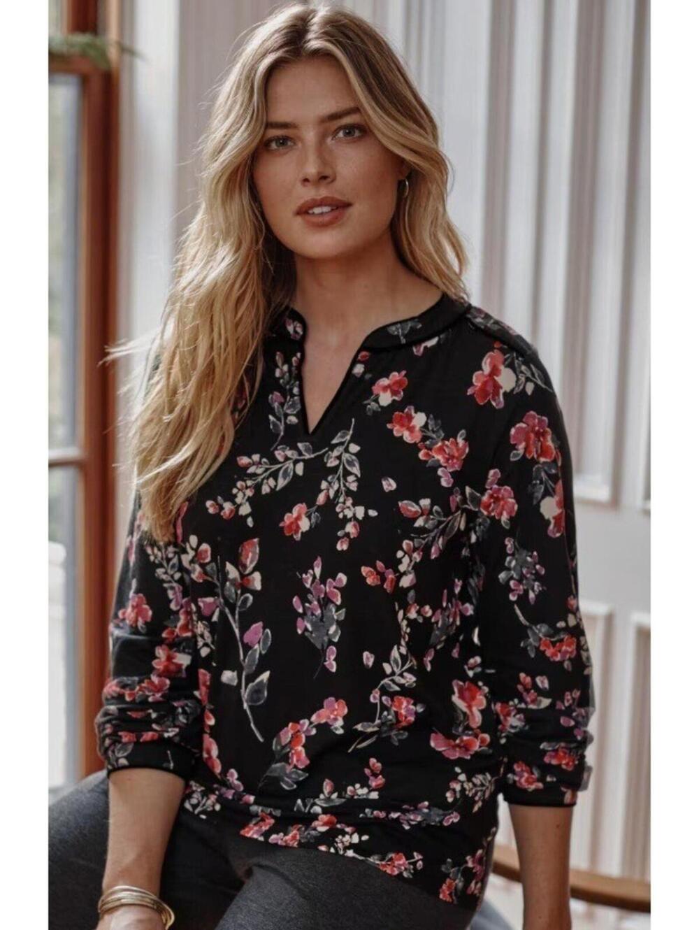 NEW J.Jill $89 Large Black Glistening Blooms Contrast Trimmed Velvet Luxury Top